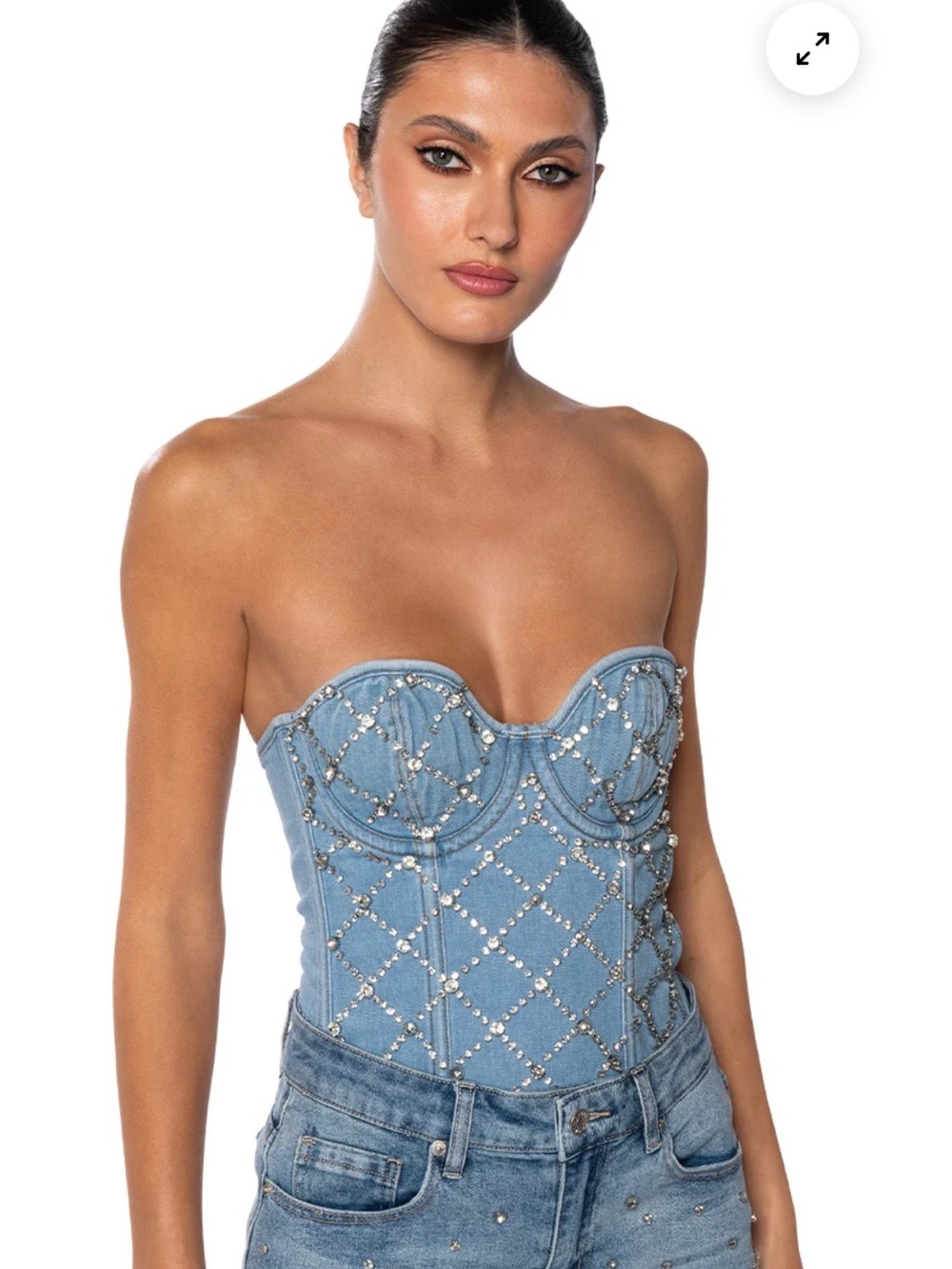 AKIRA Label Cammie Rhinestone Denim Corset Top Light Blue Denim Medium